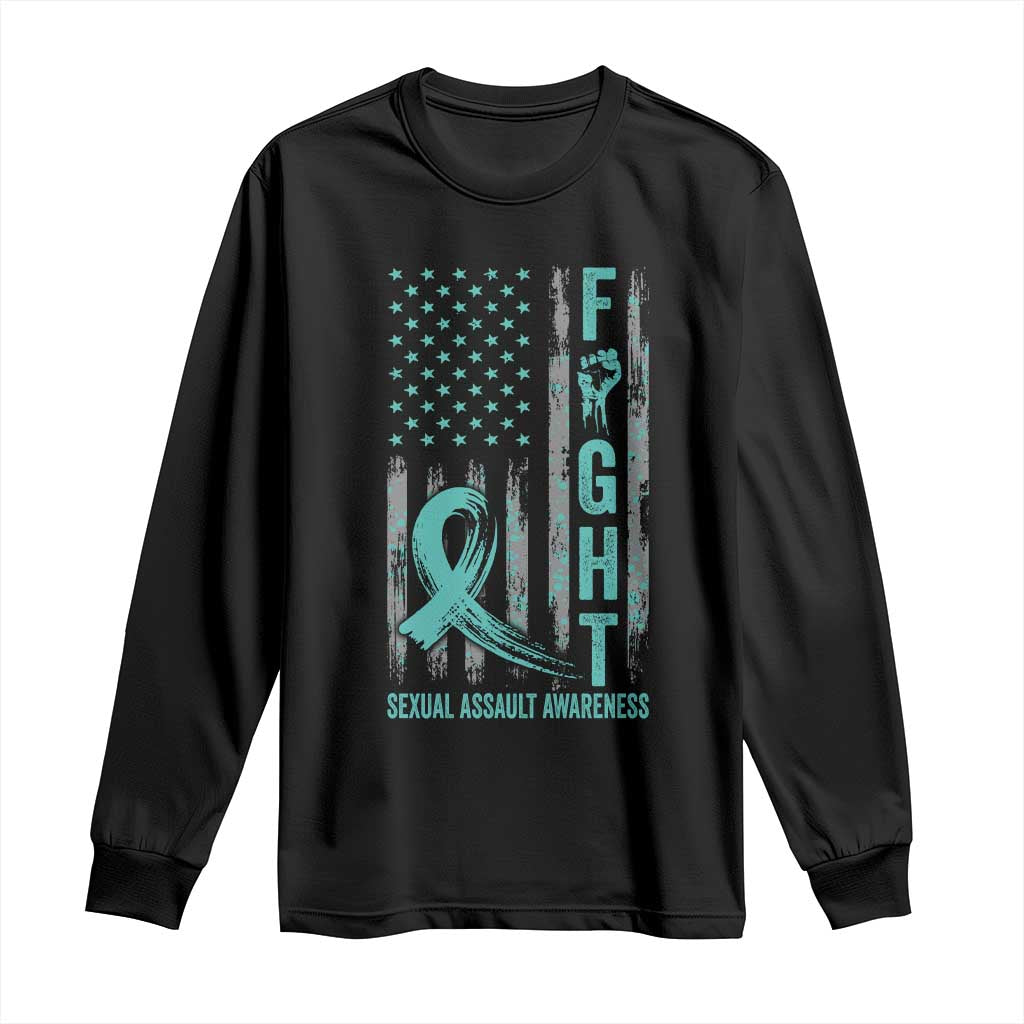 Sexual Assault Awareness Long Sleeve Shirt Fight Cancer American Flag Teal Ribbon
