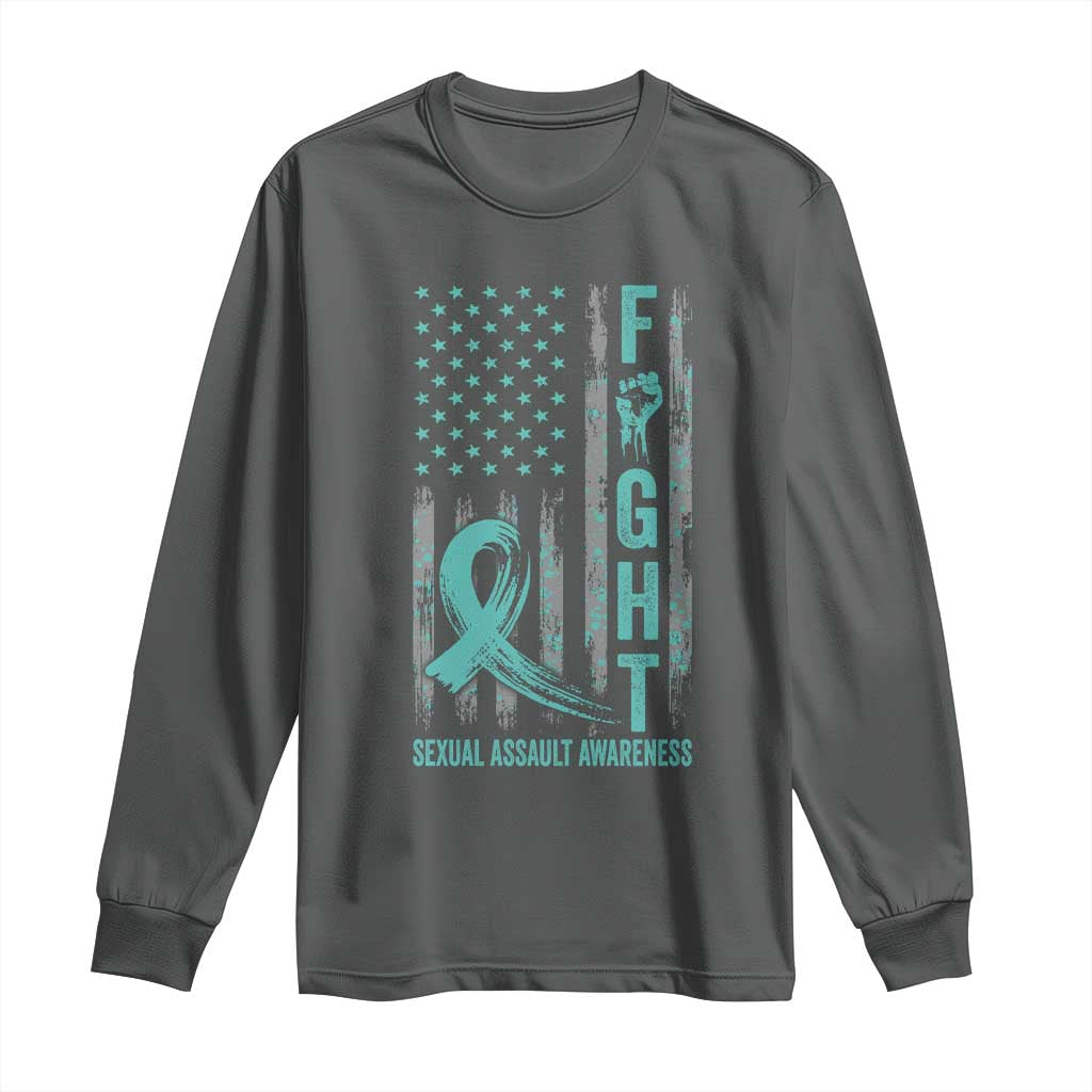 Sexual Assault Awareness Long Sleeve Shirt Fight Cancer American Flag Teal Ribbon