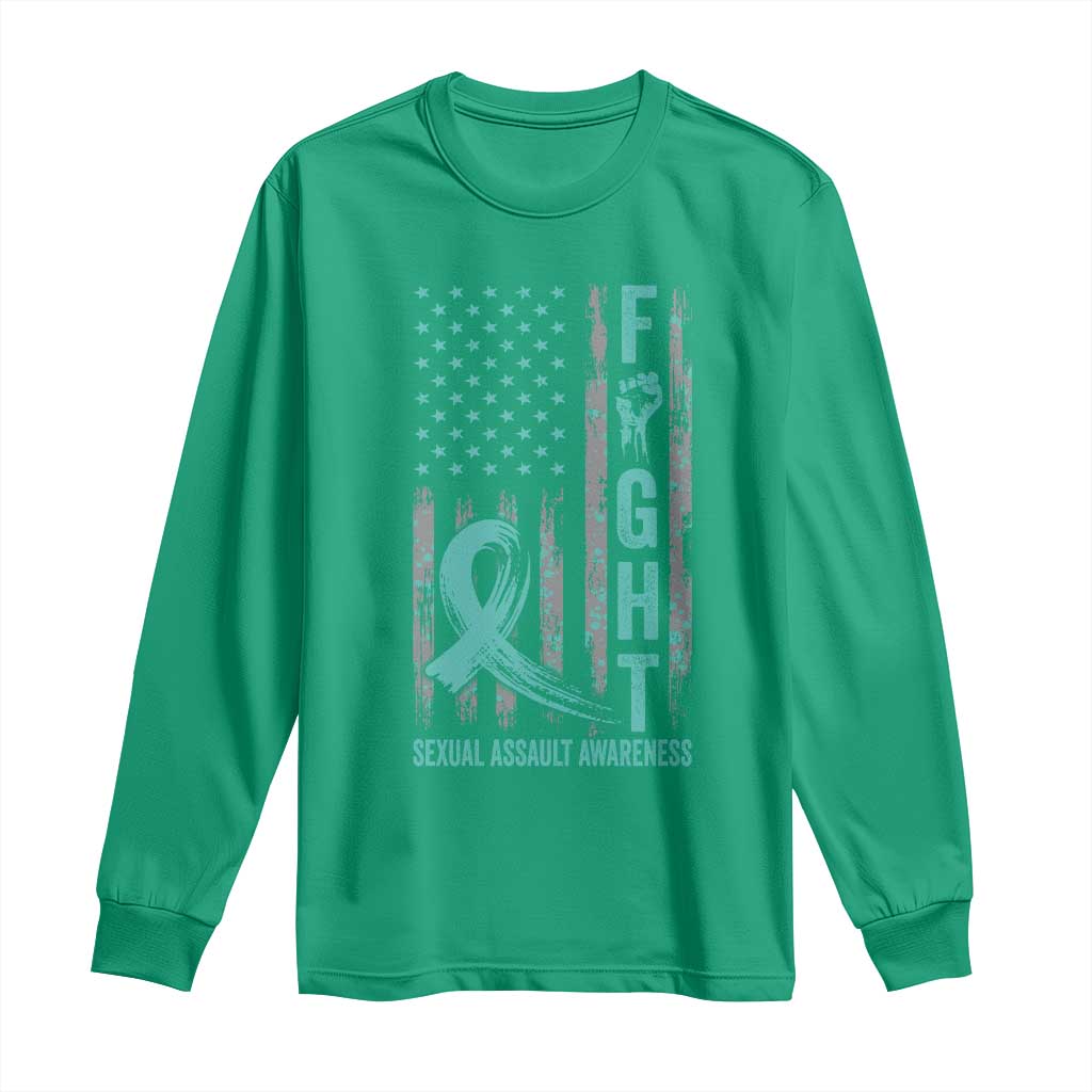 Sexual Assault Awareness Long Sleeve Shirt Fight Cancer American Flag Teal Ribbon