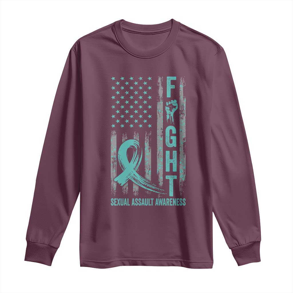 Sexual Assault Awareness Long Sleeve Shirt Fight Cancer American Flag Teal Ribbon
