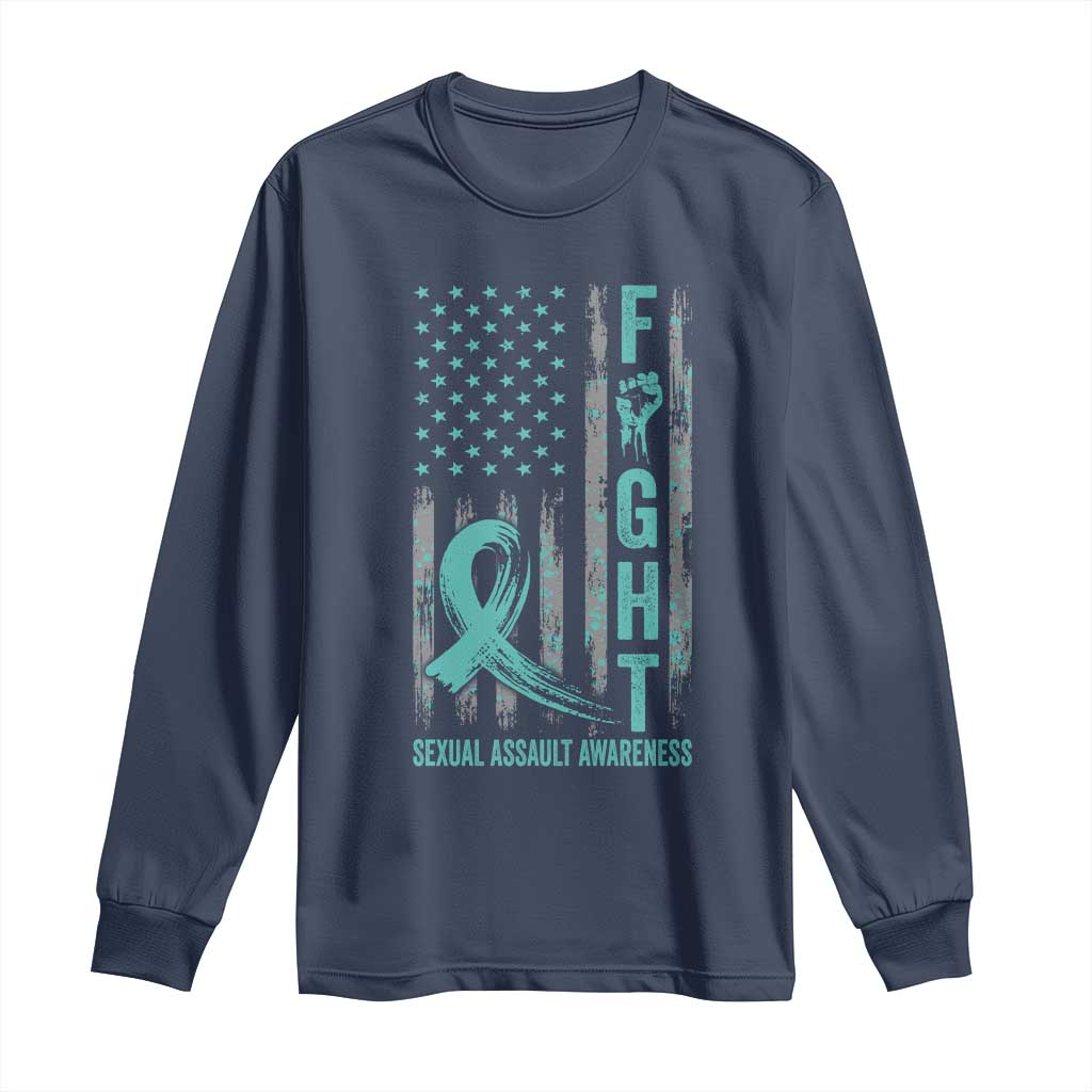 Sexual Assault Awareness Long Sleeve Shirt Fight Cancer American Flag Teal Ribbon