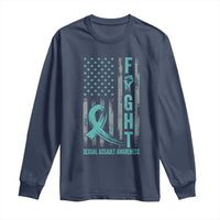 Sexual Assault Awareness Long Sleeve Shirt Fight Cancer American Flag Teal Ribbon