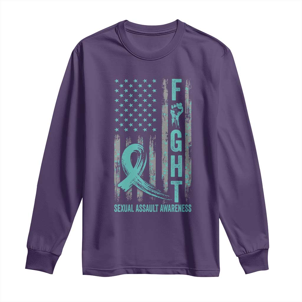 Sexual Assault Awareness Long Sleeve Shirt Fight Cancer American Flag Teal Ribbon