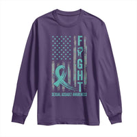 Sexual Assault Awareness Long Sleeve Shirt Fight Cancer American Flag Teal Ribbon