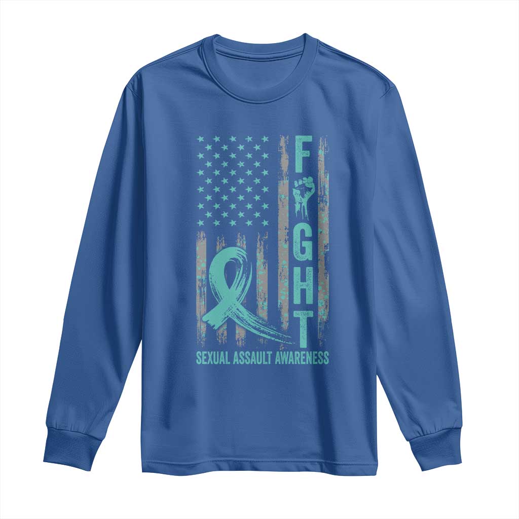 Sexual Assault Awareness Long Sleeve Shirt Fight Cancer American Flag Teal Ribbon