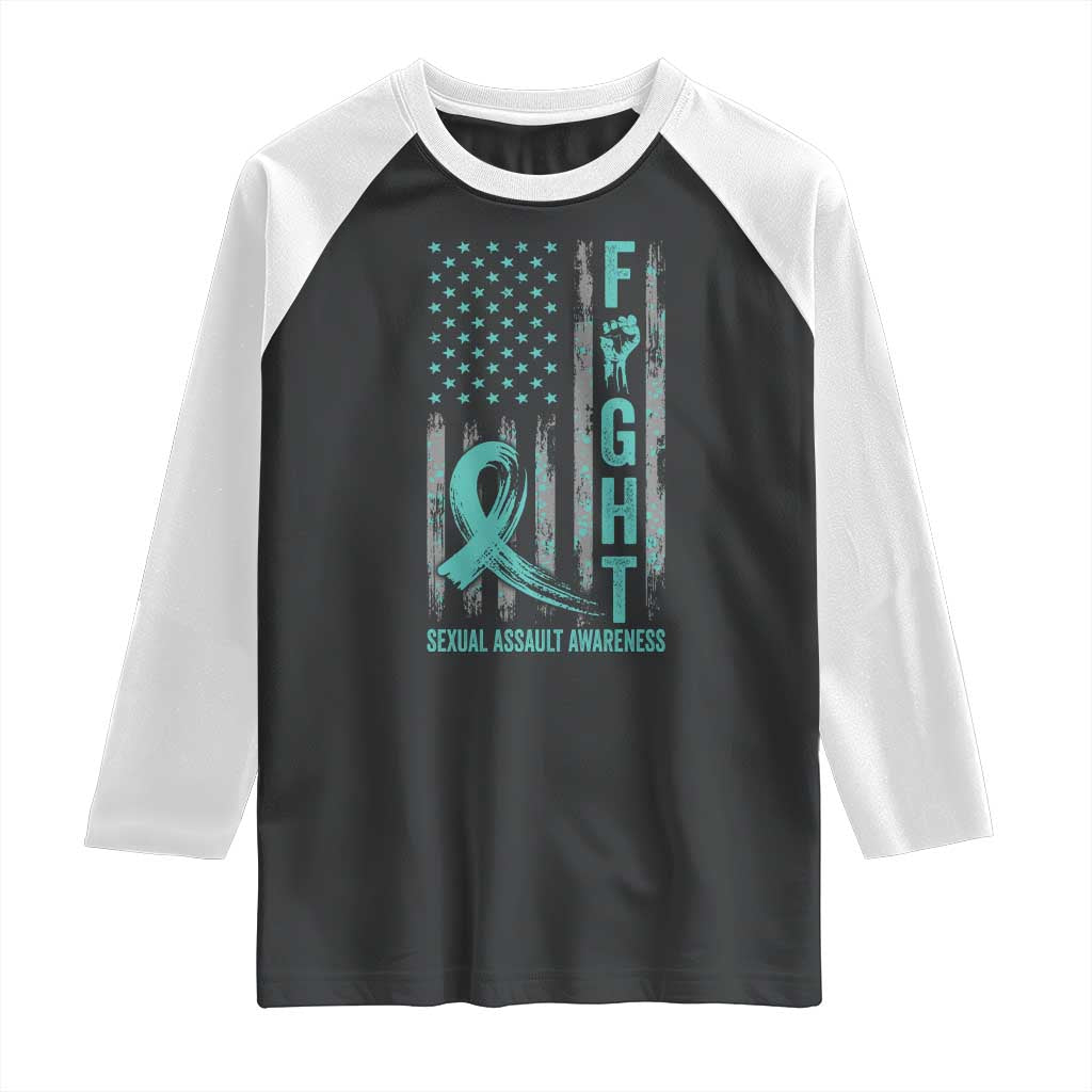 Sexual Assault Awareness Raglan Shirt Fight Cancer American Flag Teal Ribbon