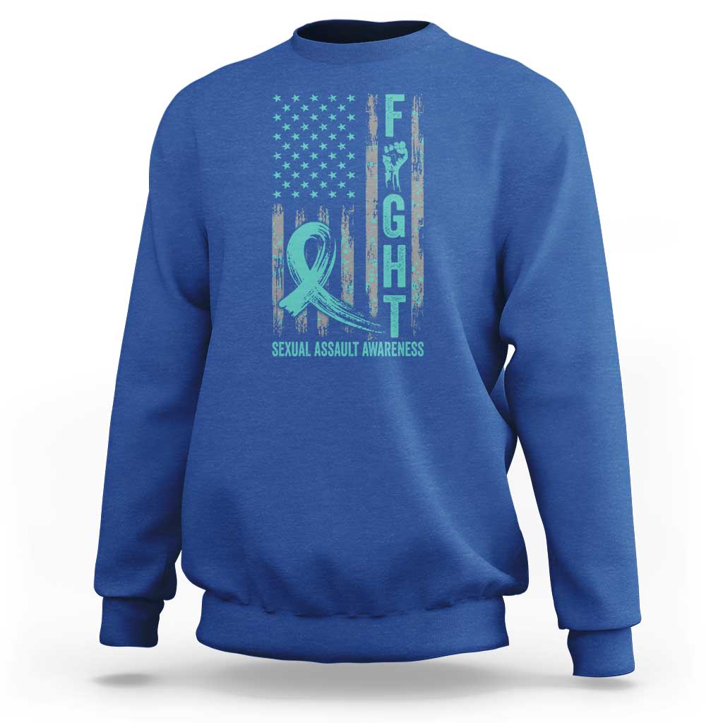 Sexual Assault Awareness Sweatshirt Fight Cancer American Flag Teal Ribbon