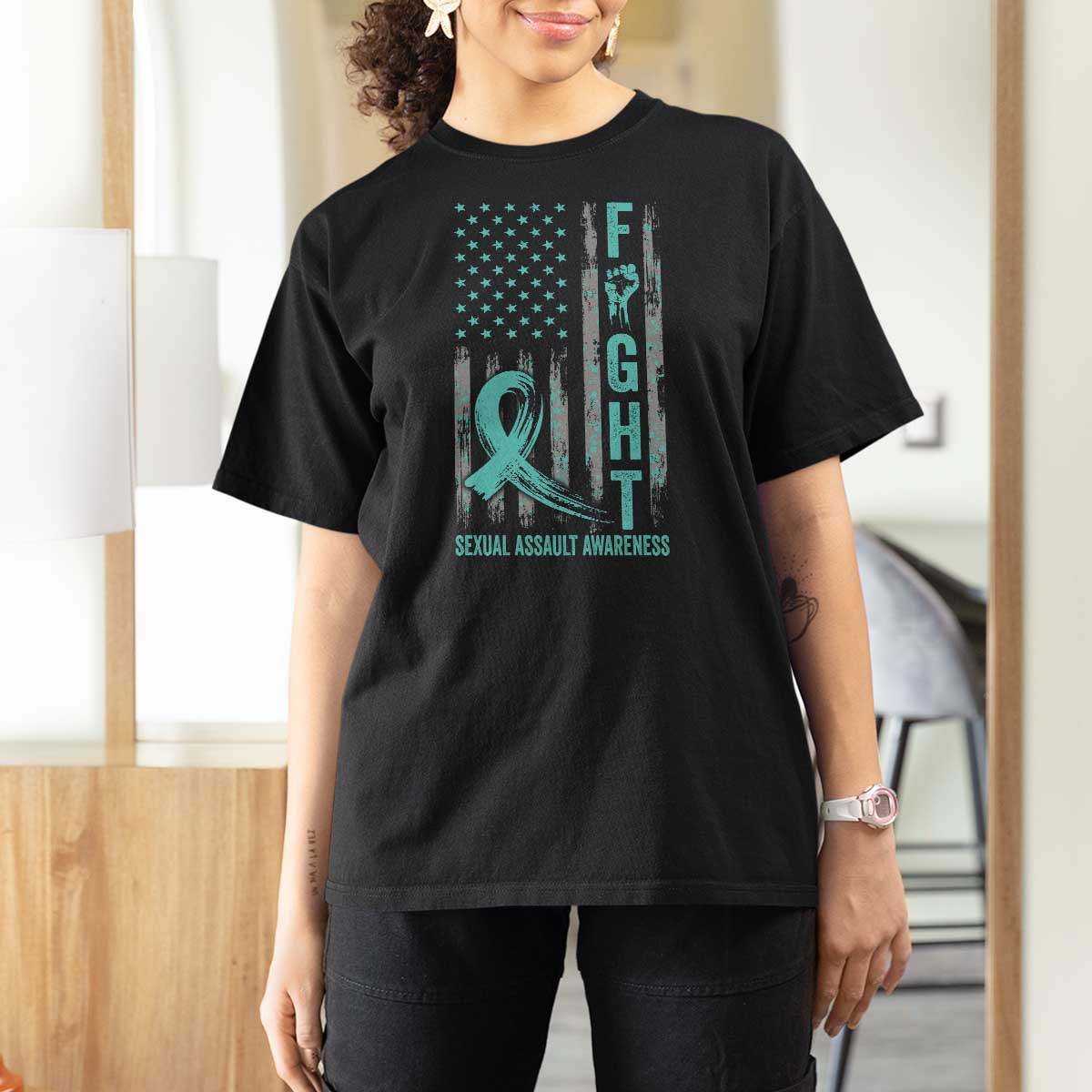 Sexual Assault Awareness T Shirt For Women Fight Cancer American Flag Teal Ribbon