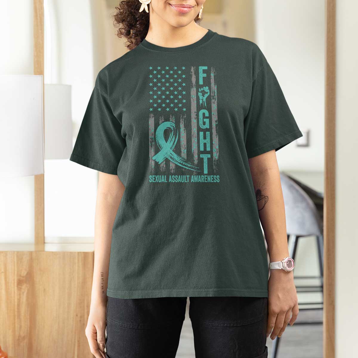 Sexual Assault Awareness T Shirt For Women Fight Cancer American Flag Teal Ribbon