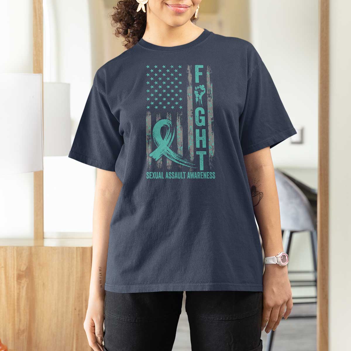 Sexual Assault Awareness T Shirt For Women Fight Cancer American Flag Teal Ribbon