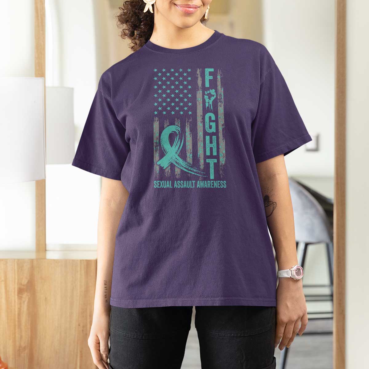 Sexual Assault Awareness T Shirt For Women Fight Cancer American Flag Teal Ribbon