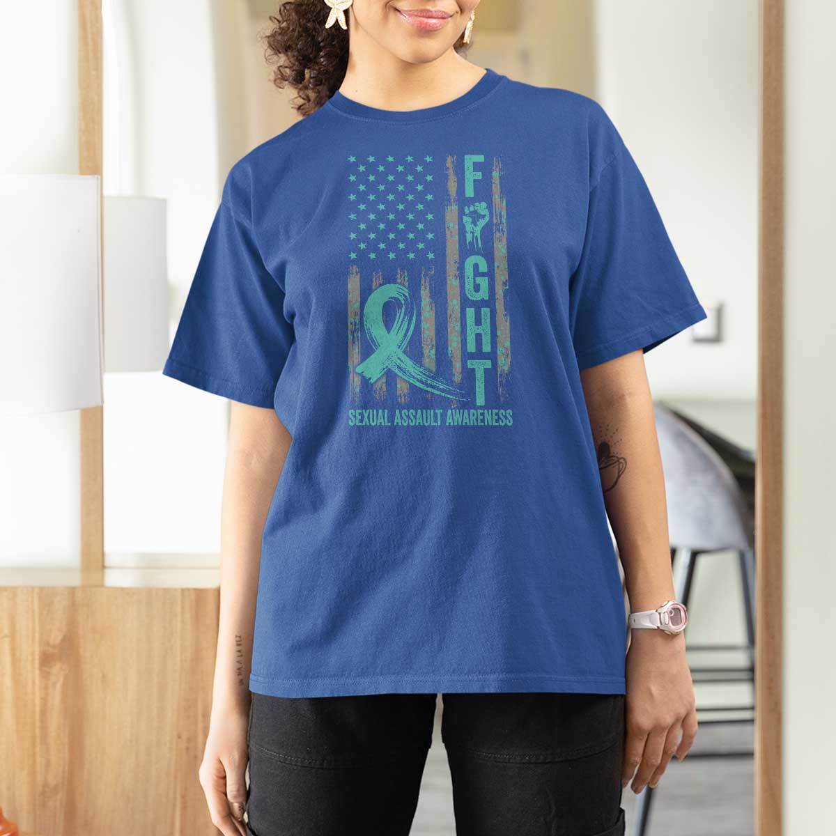 Sexual Assault Awareness T Shirt For Women Fight Cancer American Flag Teal Ribbon