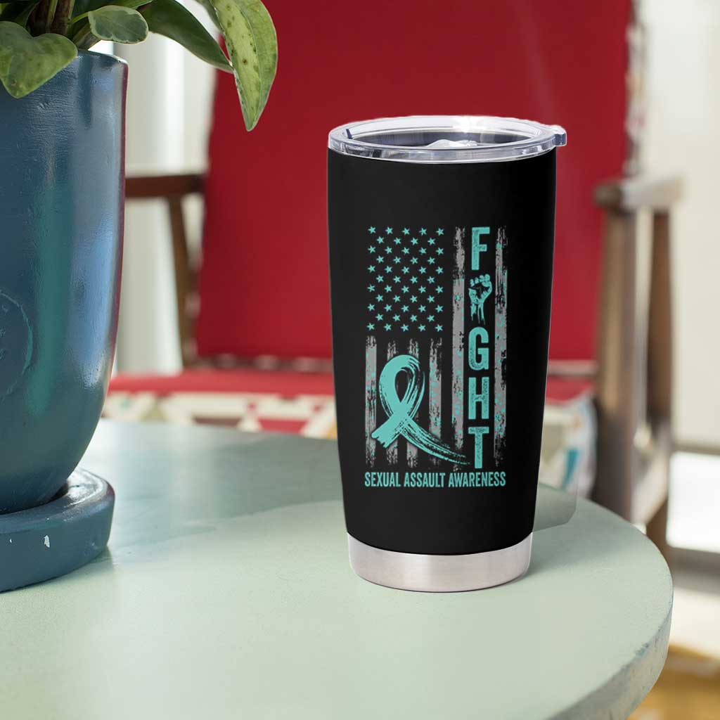Sexual Assault Awareness Tumbler Cup Fight Cancer American Flag Teal Ribbon