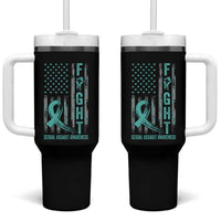Sexual Assault Awareness Tumbler With Handle Fight Cancer American Flag Teal Ribbon