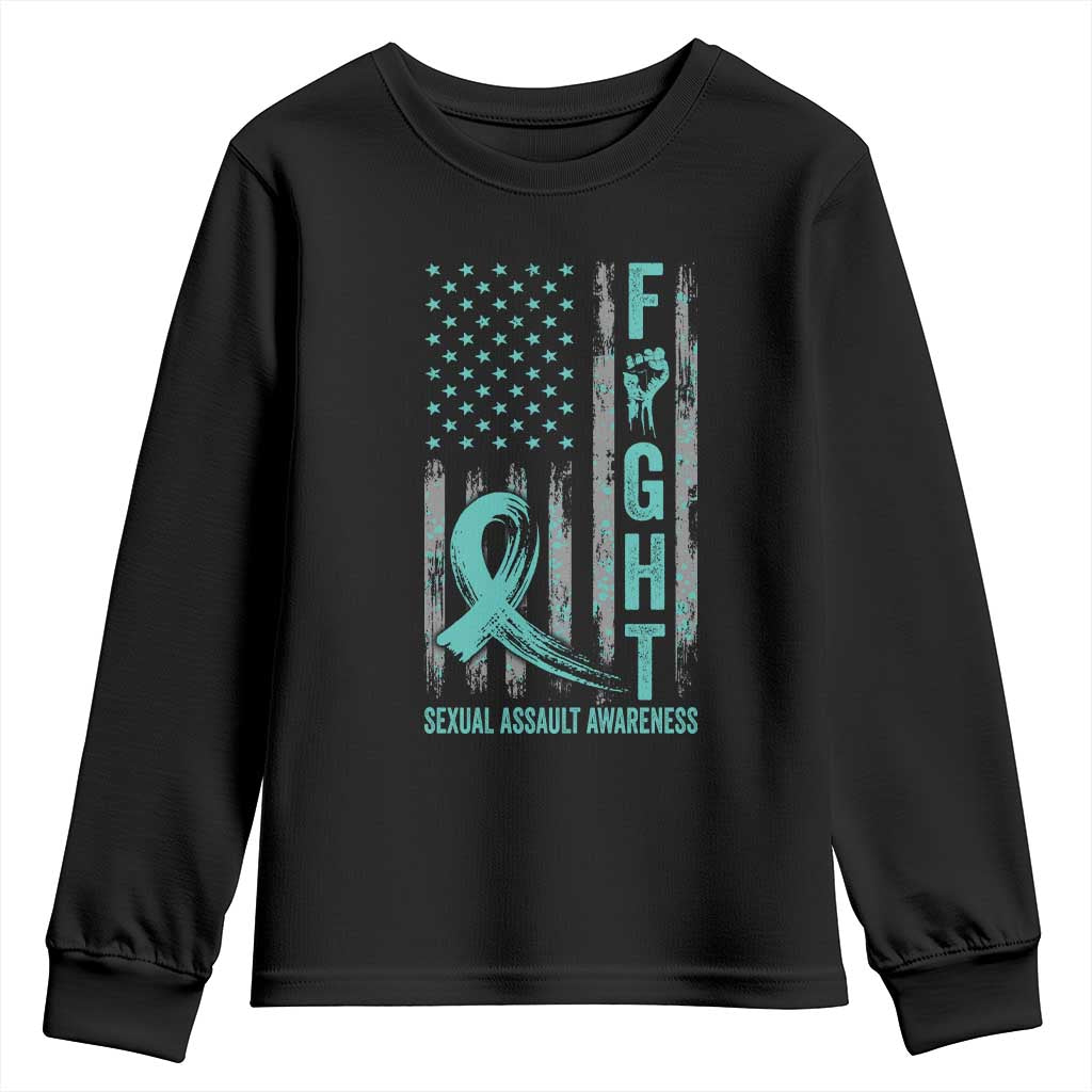Sexual Assault Awareness Youth Sweatshirt Fight Cancer American Flag Teal Ribbon