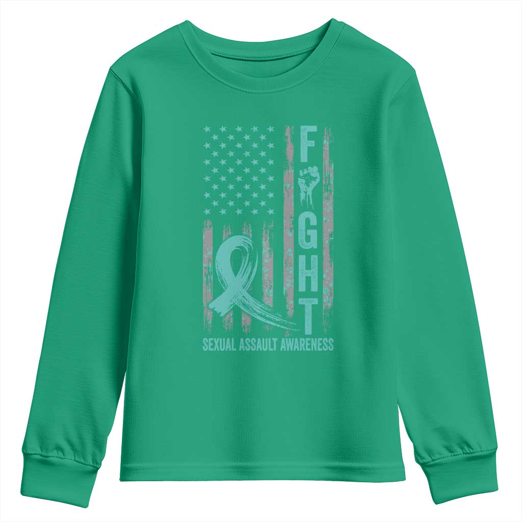 Sexual Assault Awareness Youth Sweatshirt Fight Cancer American Flag Teal Ribbon