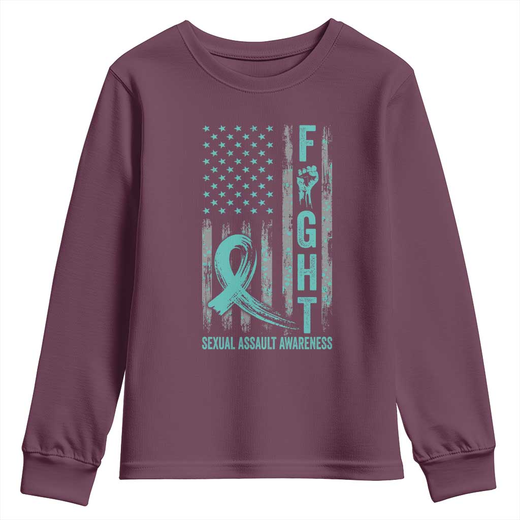 Sexual Assault Awareness Youth Sweatshirt Fight Cancer American Flag Teal Ribbon