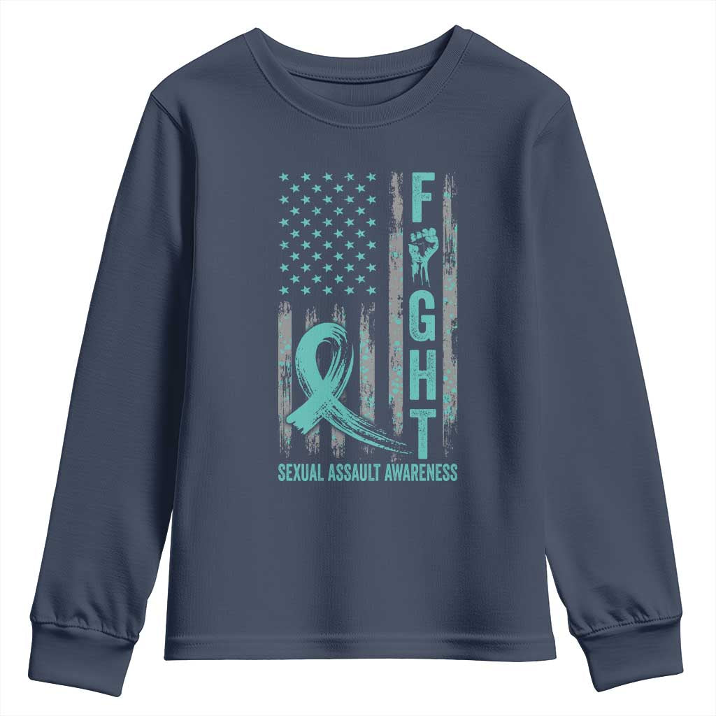 Sexual Assault Awareness Youth Sweatshirt Fight Cancer American Flag Teal Ribbon