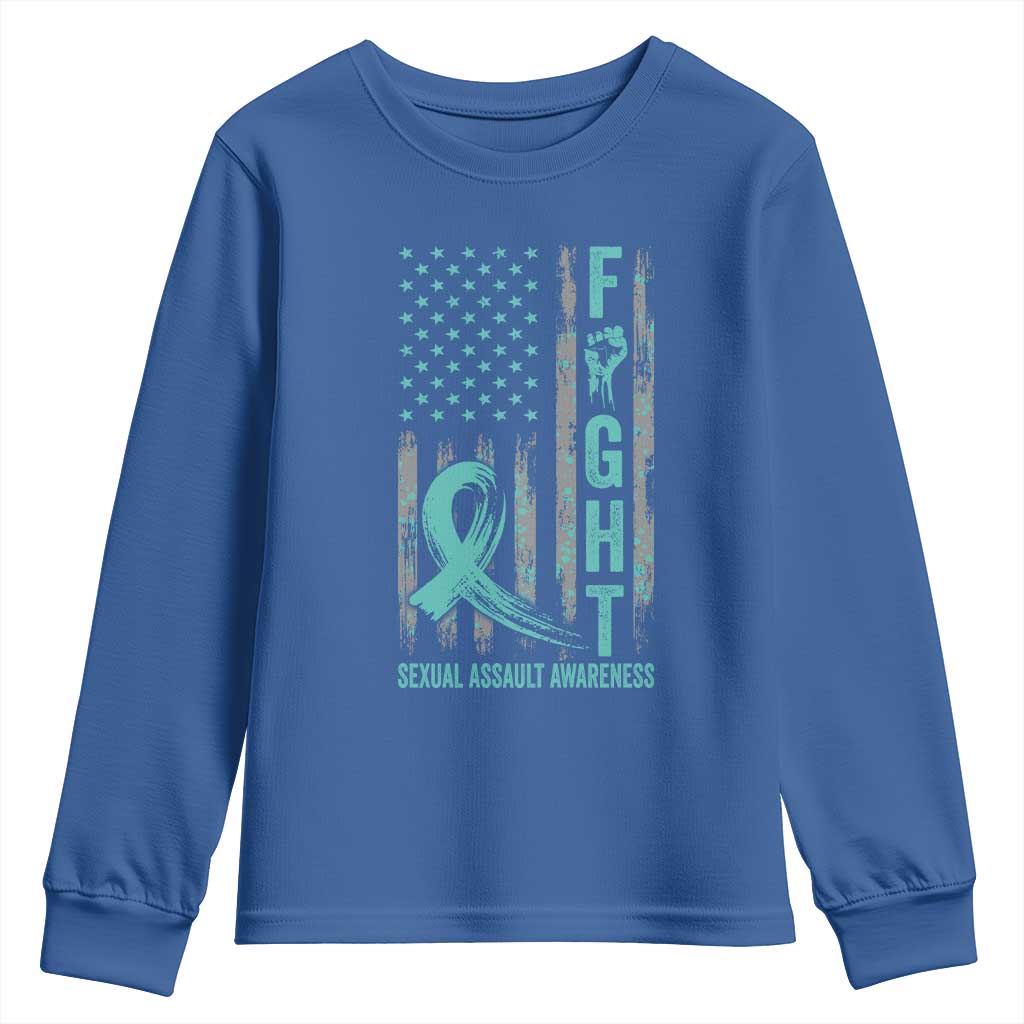 Sexual Assault Awareness Youth Sweatshirt Fight Cancer American Flag Teal Ribbon