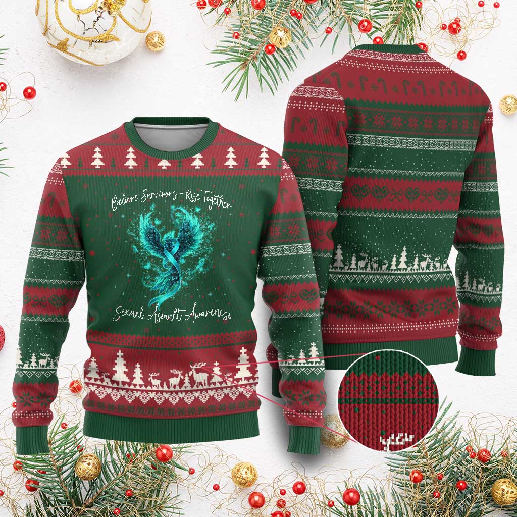 Sexual Assault Awareness Ugly Christmas Sweater Phoenix Bird Reborn Rising Born Again Firebird Teal Ribbon