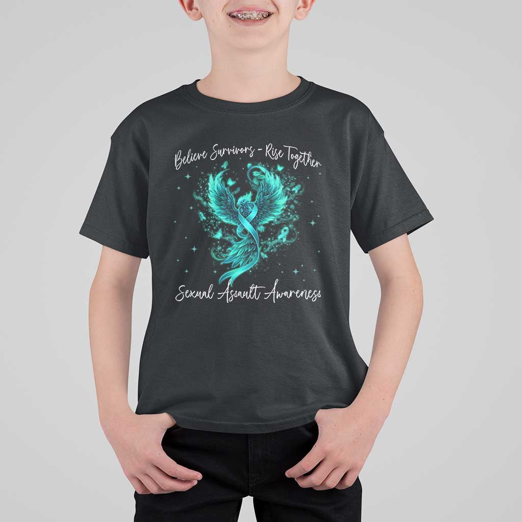 Sexual Assault Awareness T Shirt For Kid Phoenix Bird Reborn Rising Born Again Firebird Teal Ribbon