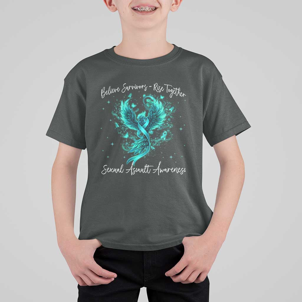 Sexual Assault Awareness T Shirt For Kid Phoenix Bird Reborn Rising Born Again Firebird Teal Ribbon