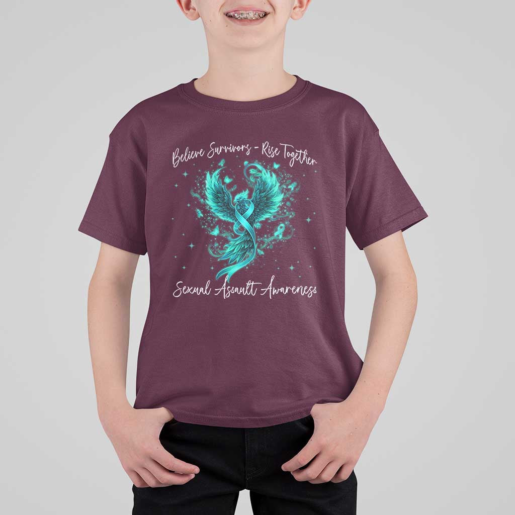 Sexual Assault Awareness T Shirt For Kid Phoenix Bird Reborn Rising Born Again Firebird Teal Ribbon