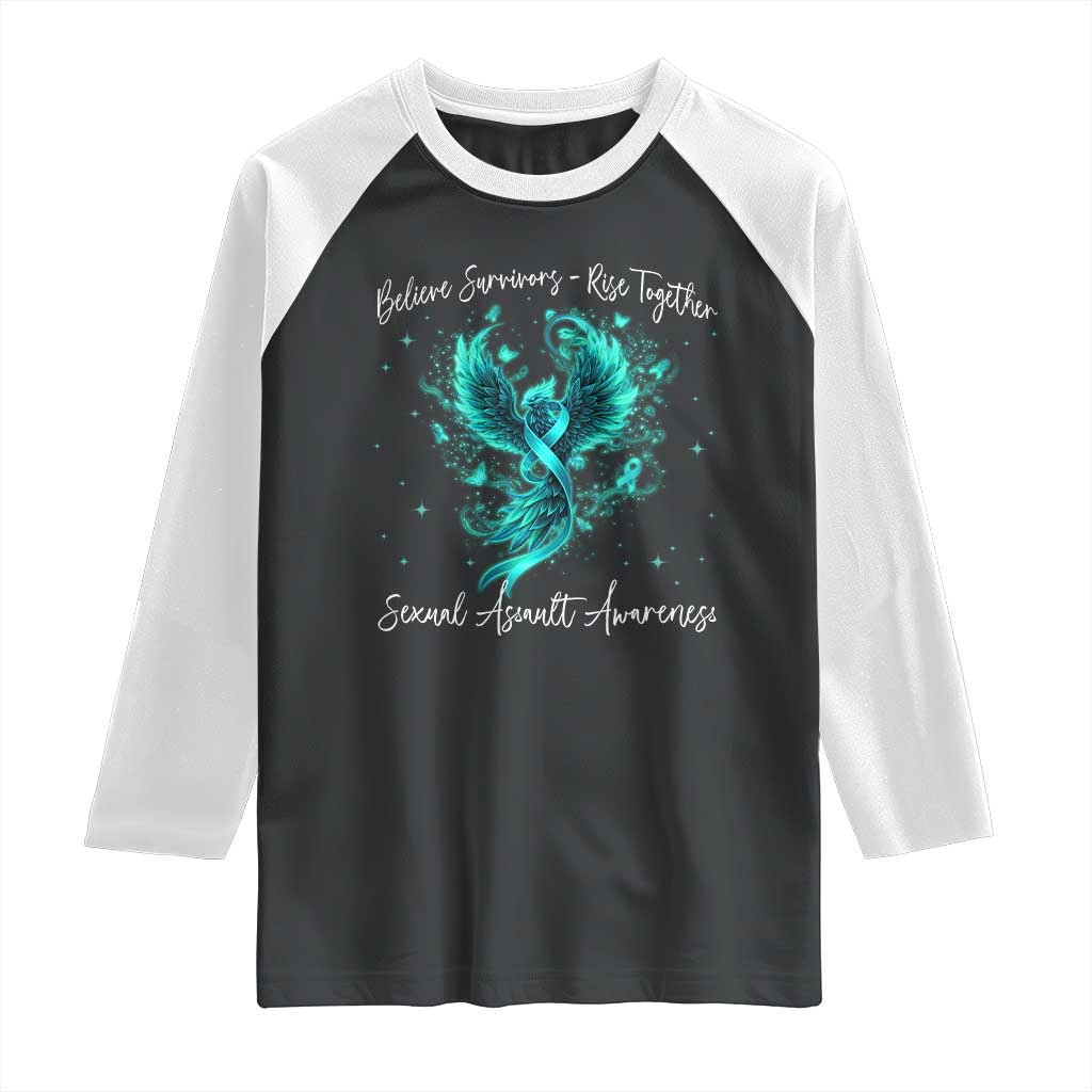Sexual Assault Awareness Raglan Shirt Phoenix Bird Reborn Rising Born Again Firebird Teal Ribbon