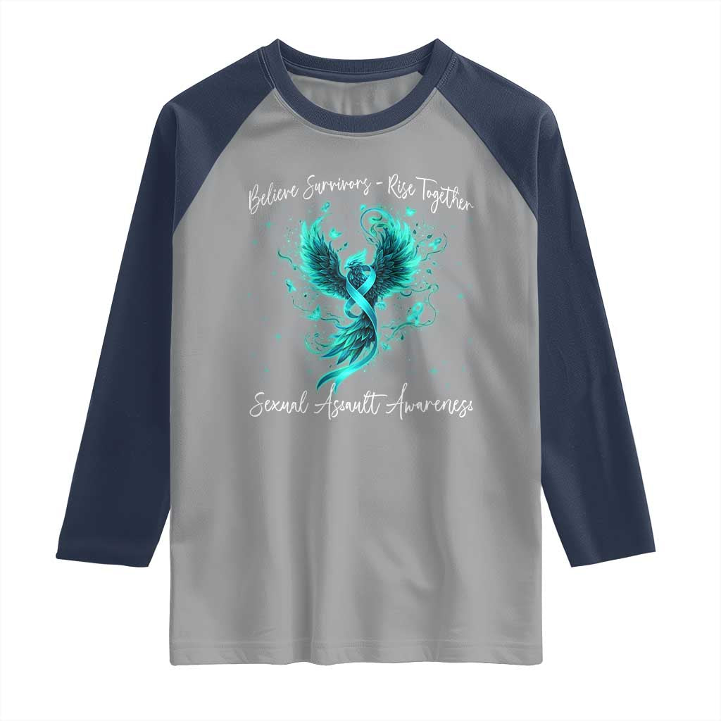 Sexual Assault Awareness Raglan Shirt Phoenix Bird Reborn Rising Born Again Firebird Teal Ribbon