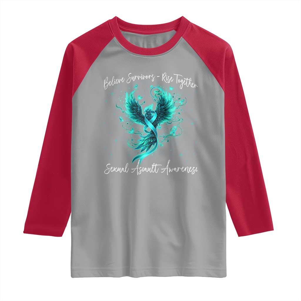 Sexual Assault Awareness Raglan Shirt Phoenix Bird Reborn Rising Born Again Firebird Teal Ribbon