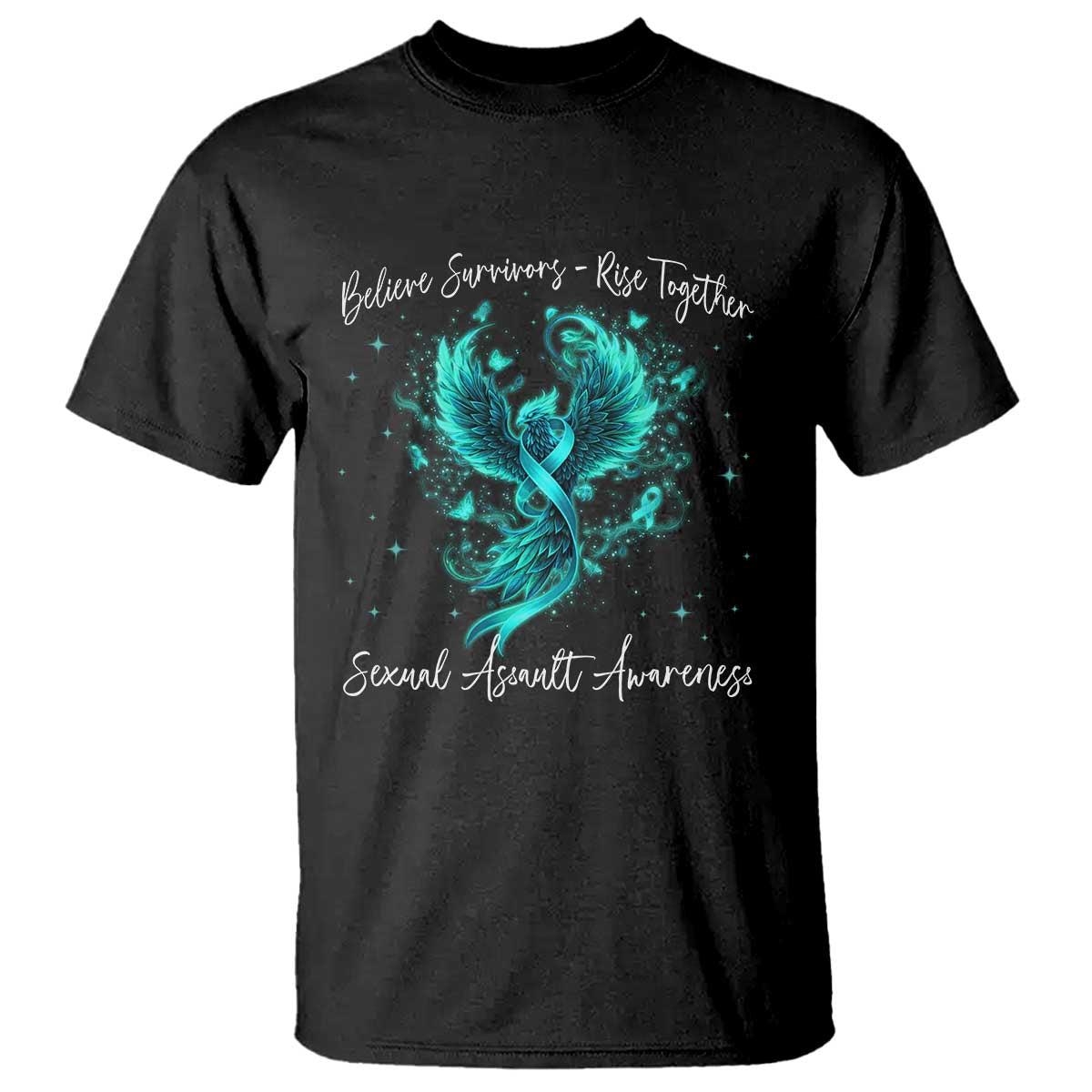 Sexual Assault Awareness T Shirt Phoenix Bird Reborn Rising Born Again Firebird Teal Ribbon