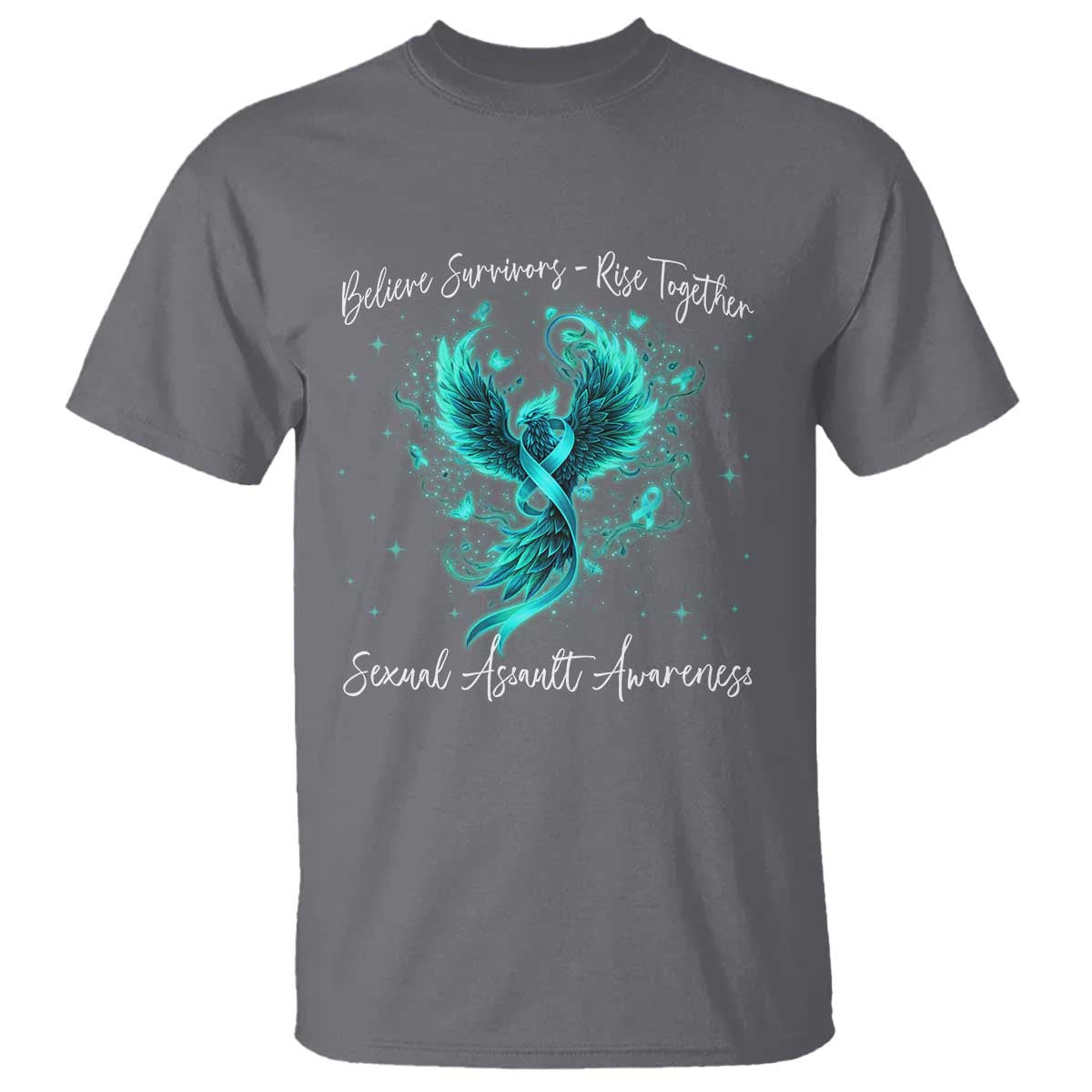 Sexual Assault Awareness T Shirt Phoenix Bird Reborn Rising Born Again Firebird Teal Ribbon