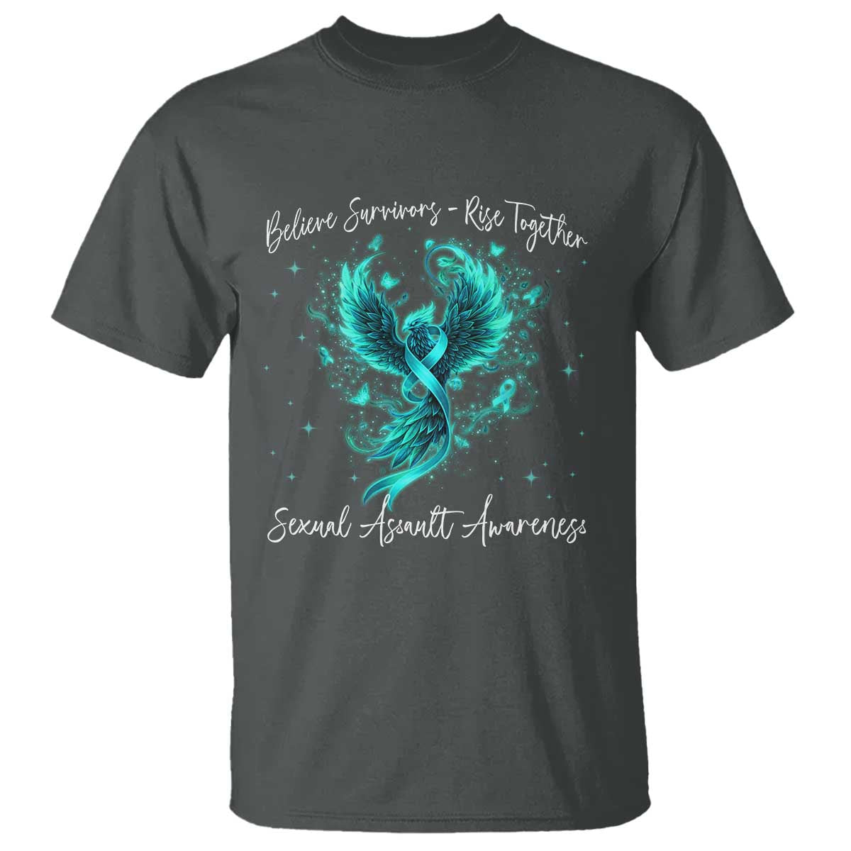 Sexual Assault Awareness T Shirt Phoenix Bird Reborn Rising Born Again Firebird Teal Ribbon