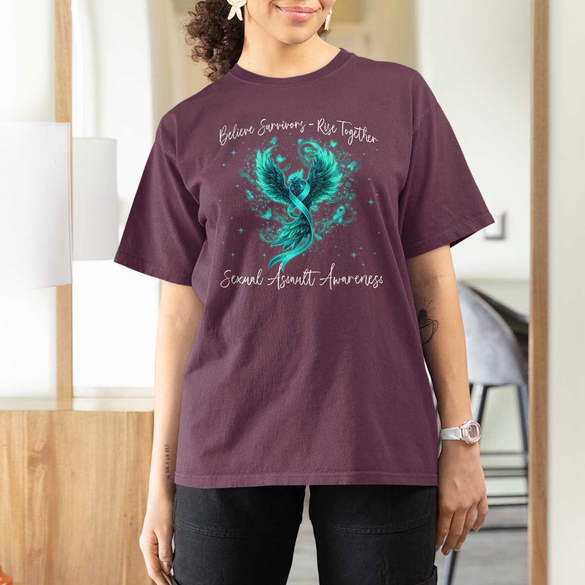 Sexual Assault Awareness T Shirt For Women Phoenix Bird Reborn Rising Born Again Firebird Teal Ribbon