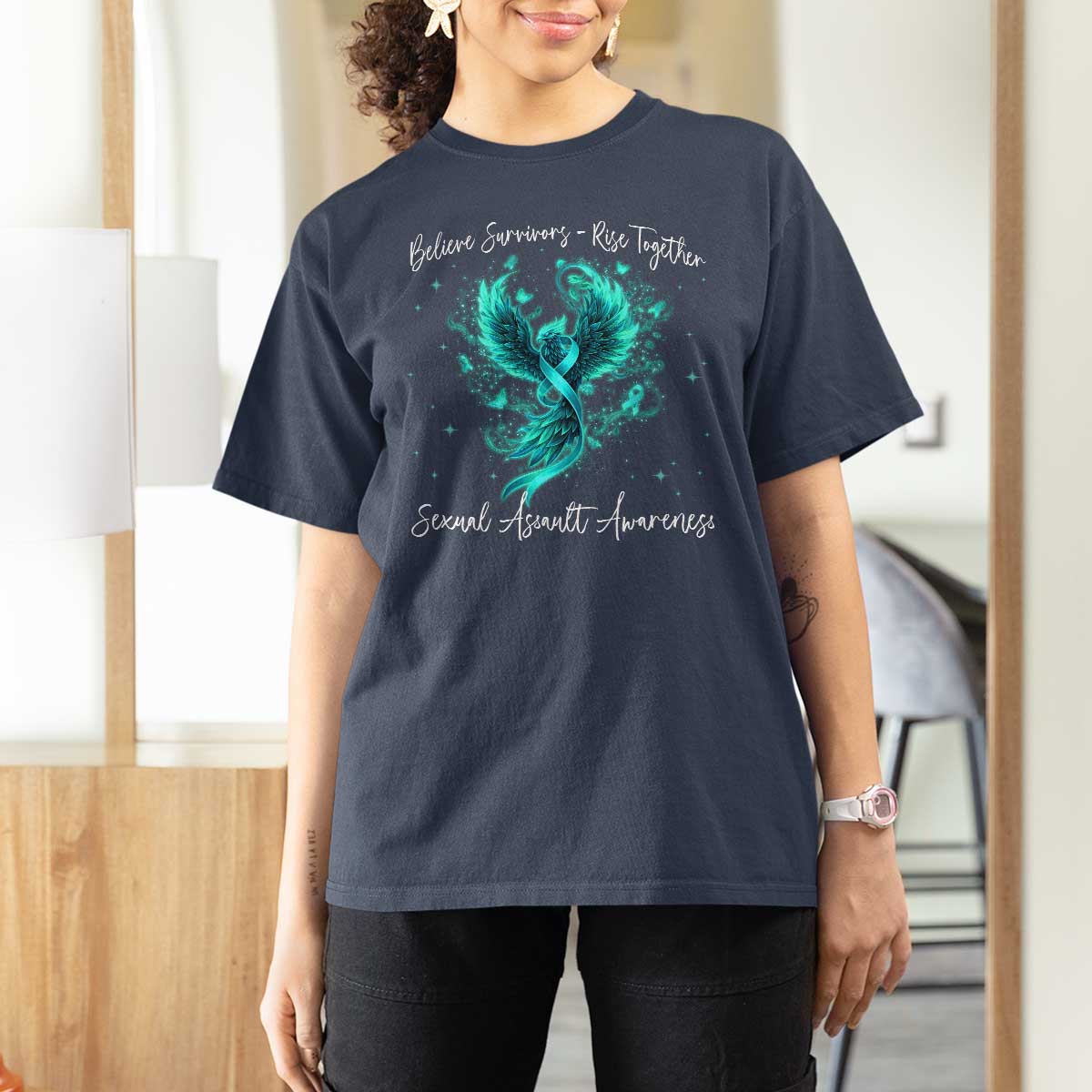 Sexual Assault Awareness T Shirt For Women Phoenix Bird Reborn Rising Born Again Firebird Teal Ribbon