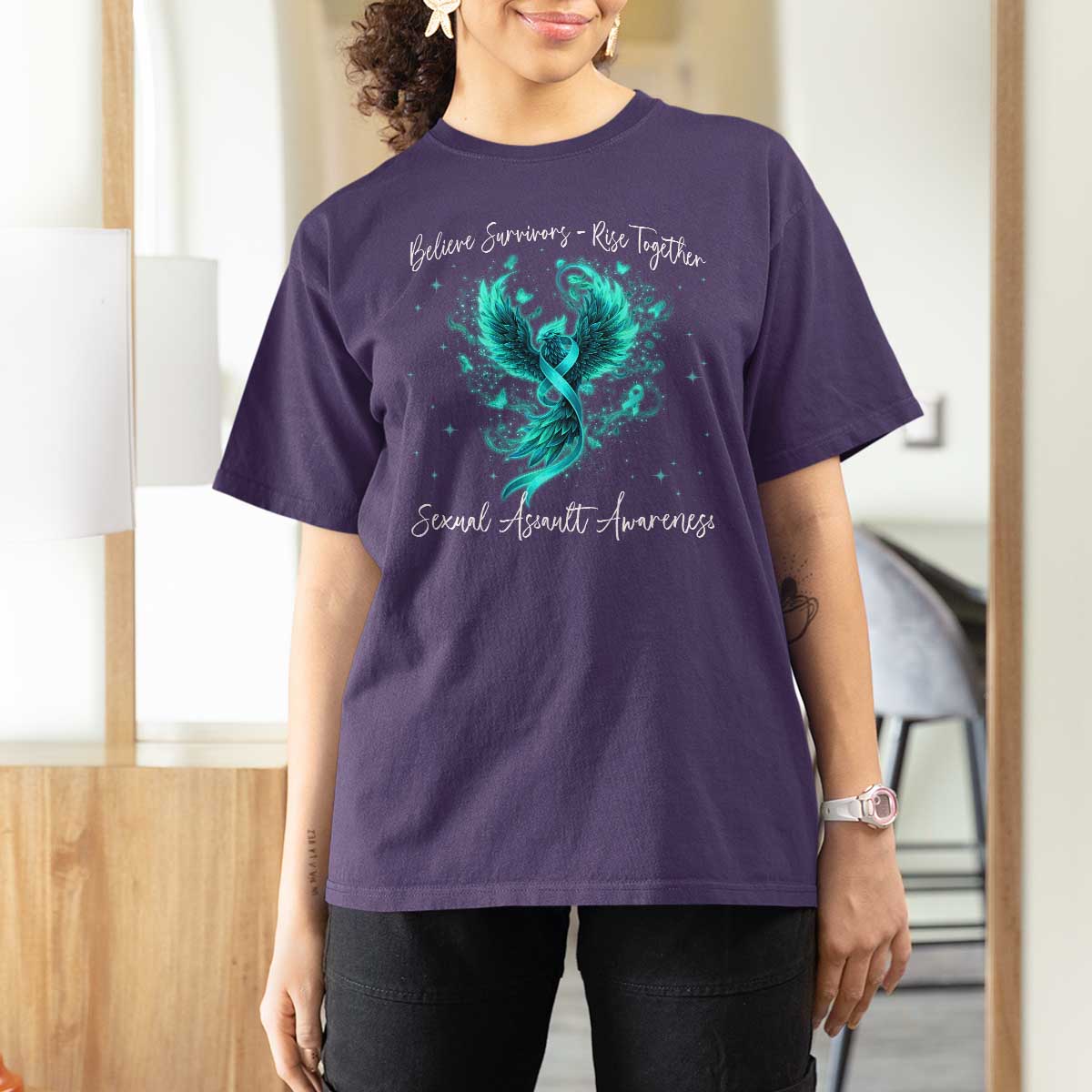 Sexual Assault Awareness T Shirt For Women Phoenix Bird Reborn Rising Born Again Firebird Teal Ribbon