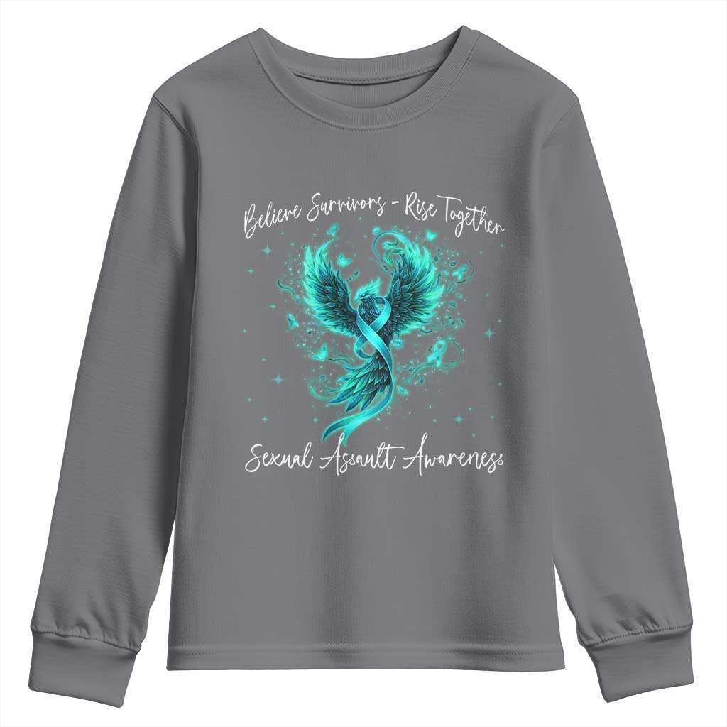 Sexual Assault Awareness Youth Sweatshirt Phoenix Bird Reborn Rising Born Again Firebird Teal Ribbon