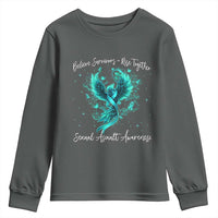 Sexual Assault Awareness Youth Sweatshirt Phoenix Bird Reborn Rising Born Again Firebird Teal Ribbon