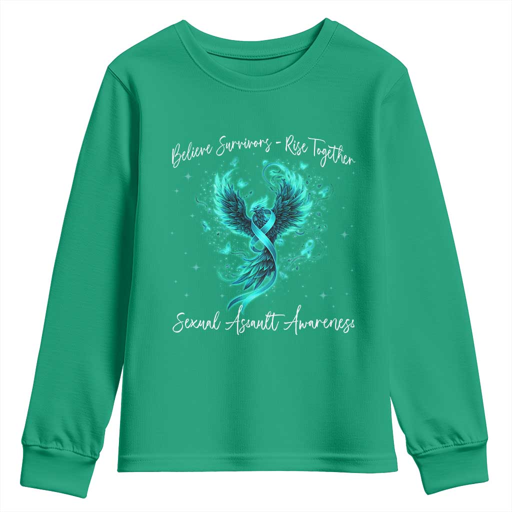 Sexual Assault Awareness Youth Sweatshirt Phoenix Bird Reborn Rising Born Again Firebird Teal Ribbon