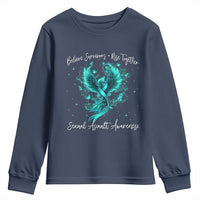 Sexual Assault Awareness Youth Sweatshirt Phoenix Bird Reborn Rising Born Again Firebird Teal Ribbon