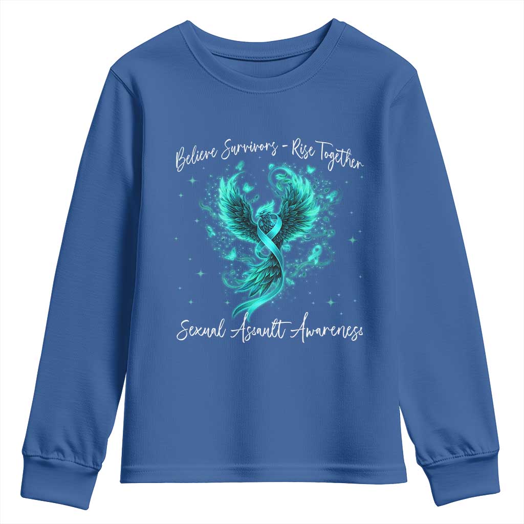 Sexual Assault Awareness Youth Sweatshirt Phoenix Bird Reborn Rising Born Again Firebird Teal Ribbon
