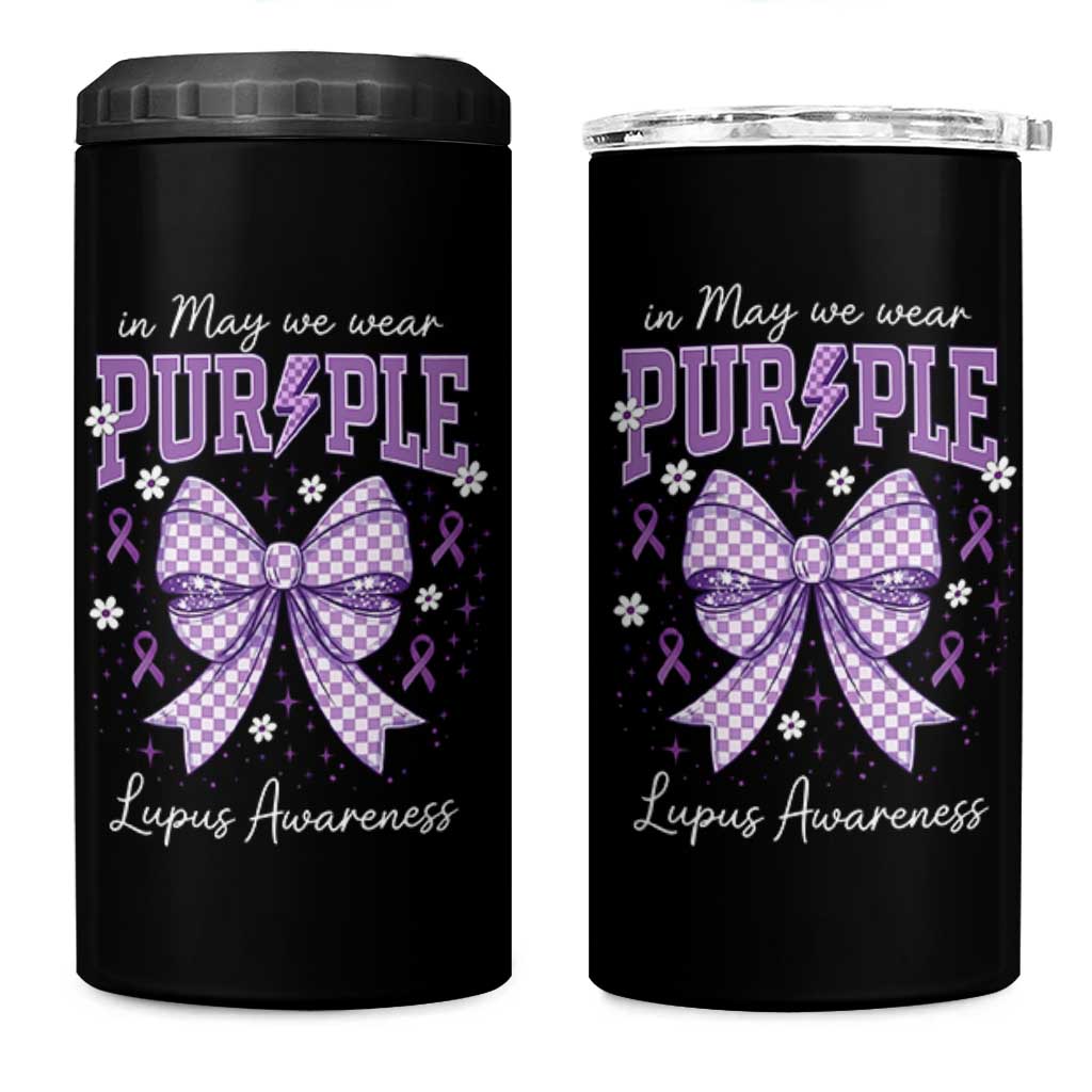 In May We Wear Purple Lupus Awareness 4 in 1 Can Cooler Tumbler Purple Ribbon Coquette Bow