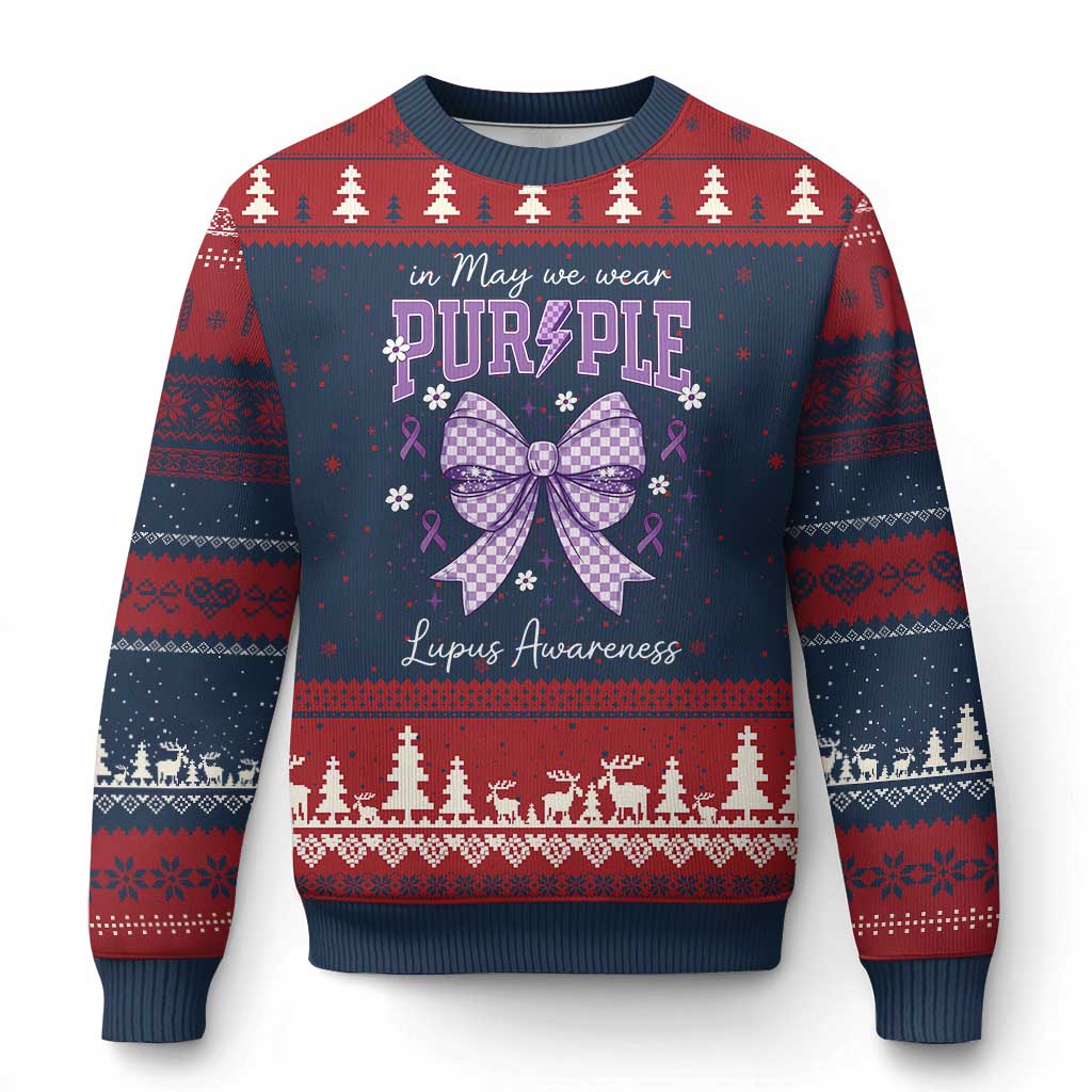 In May We Wear Purple Lupus Awareness Ugly Christmas Sweater Purple Ribbon Coquette Bow