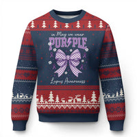 In May We Wear Purple Lupus Awareness Ugly Christmas Sweater Purple Ribbon Coquette Bow