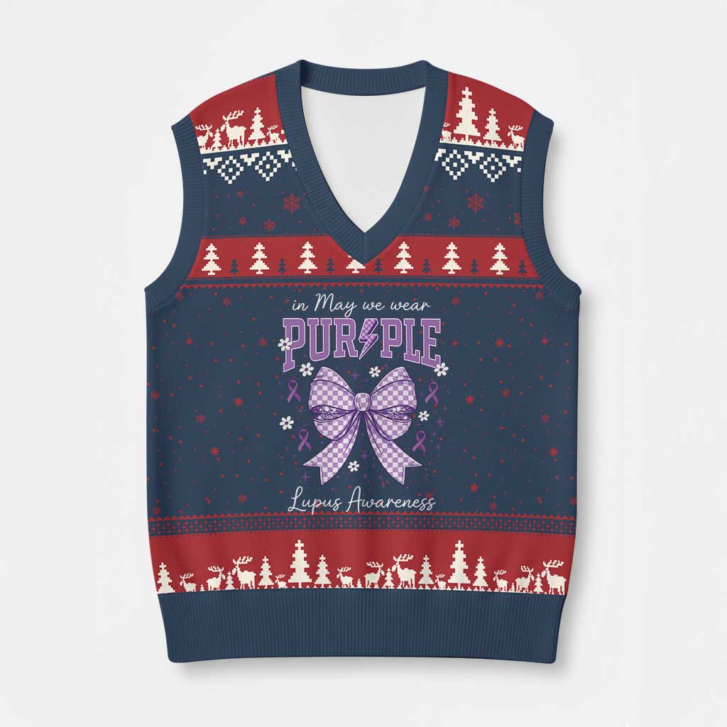 In May We Wear Purple Lupus Awareness V-Neck Knit Sweater Vest Purple Ribbon Coquette Bow