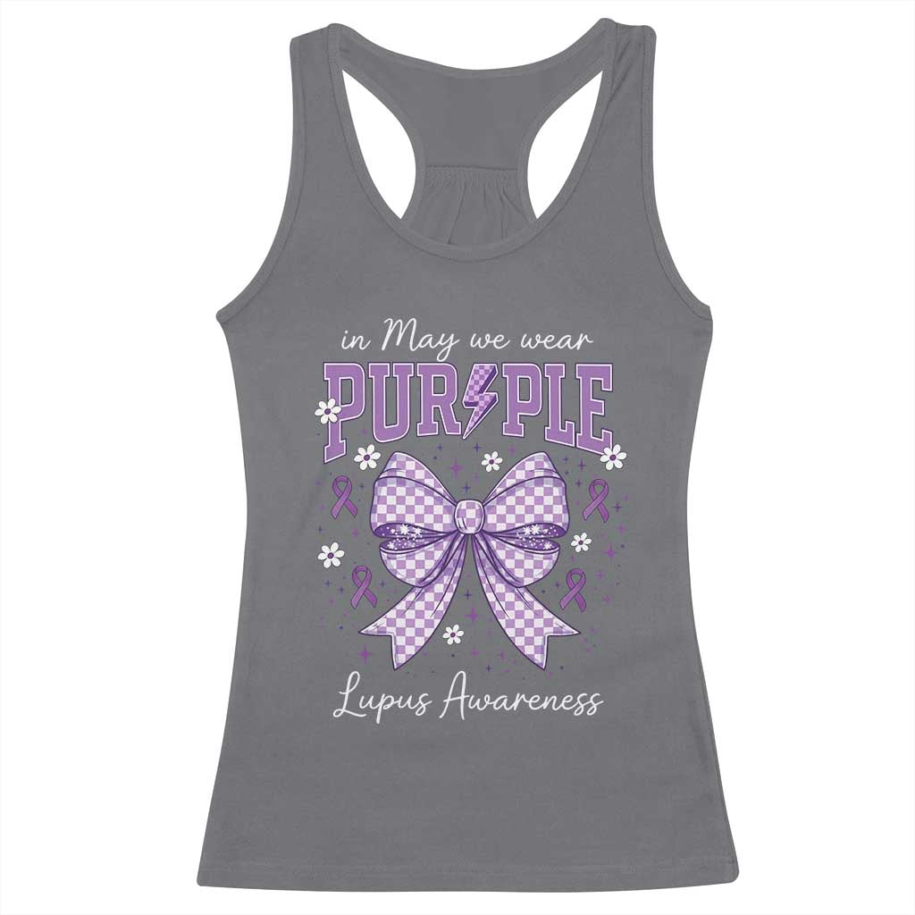 In May We Wear Purple Lupus Awareness Racerback Tank Top Purple Ribbon Coquette Bow