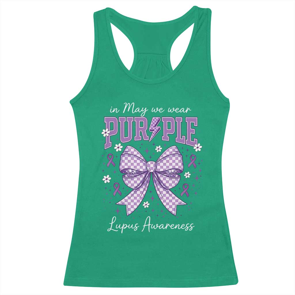 In May We Wear Purple Lupus Awareness Racerback Tank Top Purple Ribbon Coquette Bow