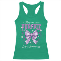 In May We Wear Purple Lupus Awareness Racerback Tank Top Purple Ribbon Coquette Bow