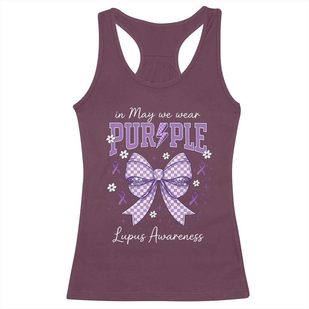 In May We Wear Purple Lupus Awareness Racerback Tank Top Purple Ribbon Coquette Bow