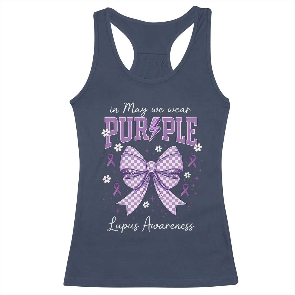 In May We Wear Purple Lupus Awareness Racerback Tank Top Purple Ribbon Coquette Bow